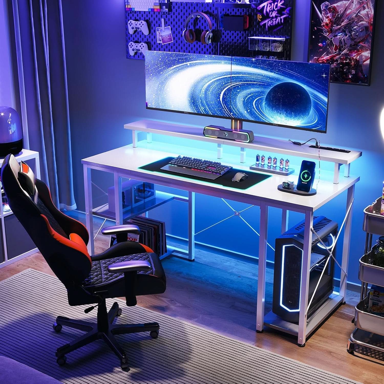 48 Inch LED Gaming Desk With Power Outlets Monitor Stand