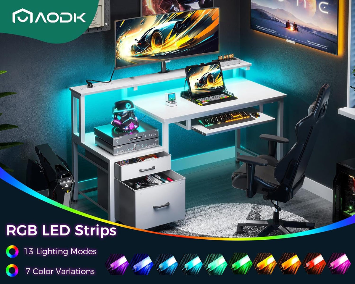 48 Inch White Computer Desk With USB Ports And LED Light