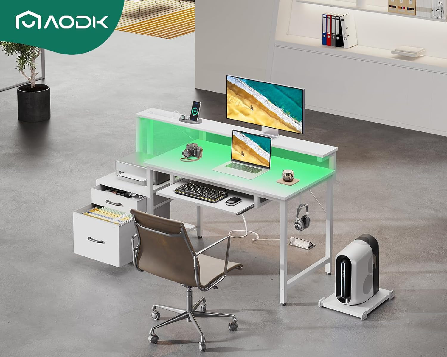 48 Inch White Computer Desk With USB Ports And LED Light