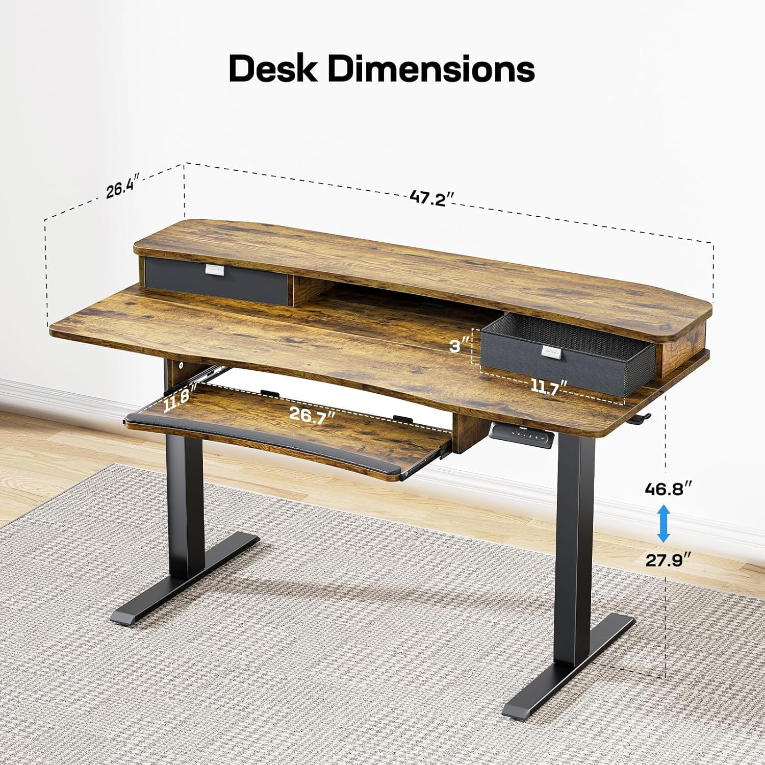 48In Electric Standing Desk With Drawers And Keyboard Tray