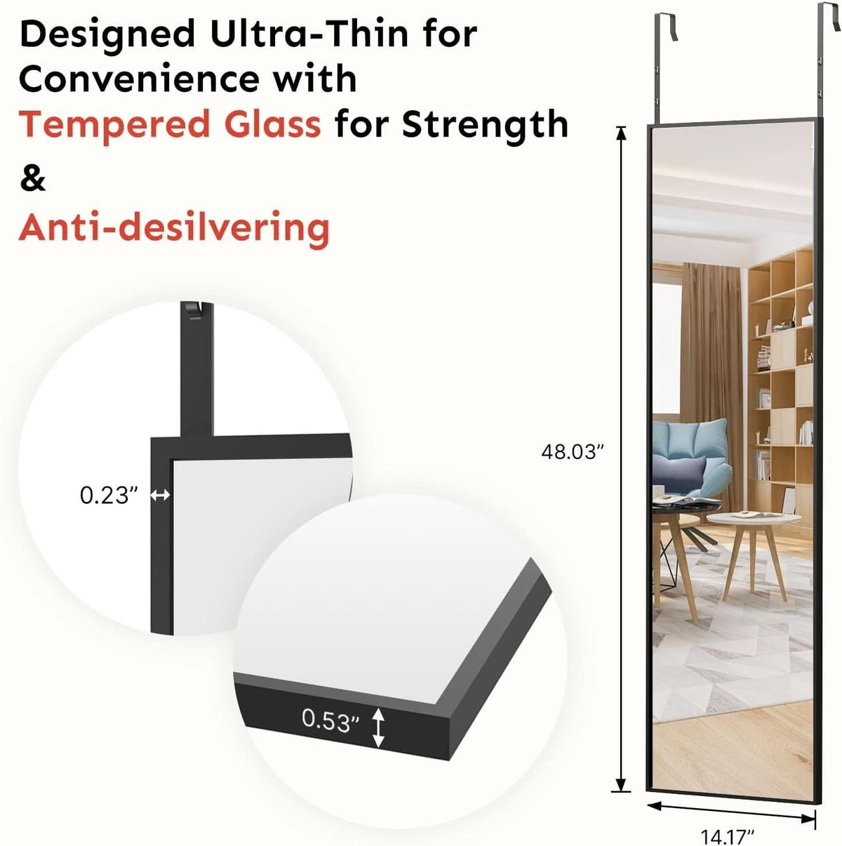 48x14 Inch Full Length Tempered Glass Door Mirror Over Door