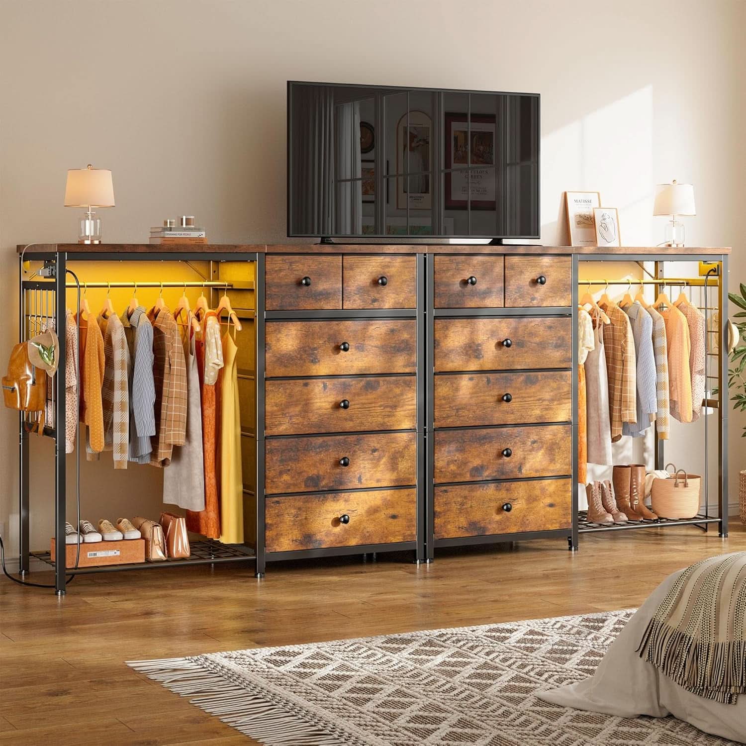 49 Inch Rustic Brown Dresser With Clothes Rack LED Lights