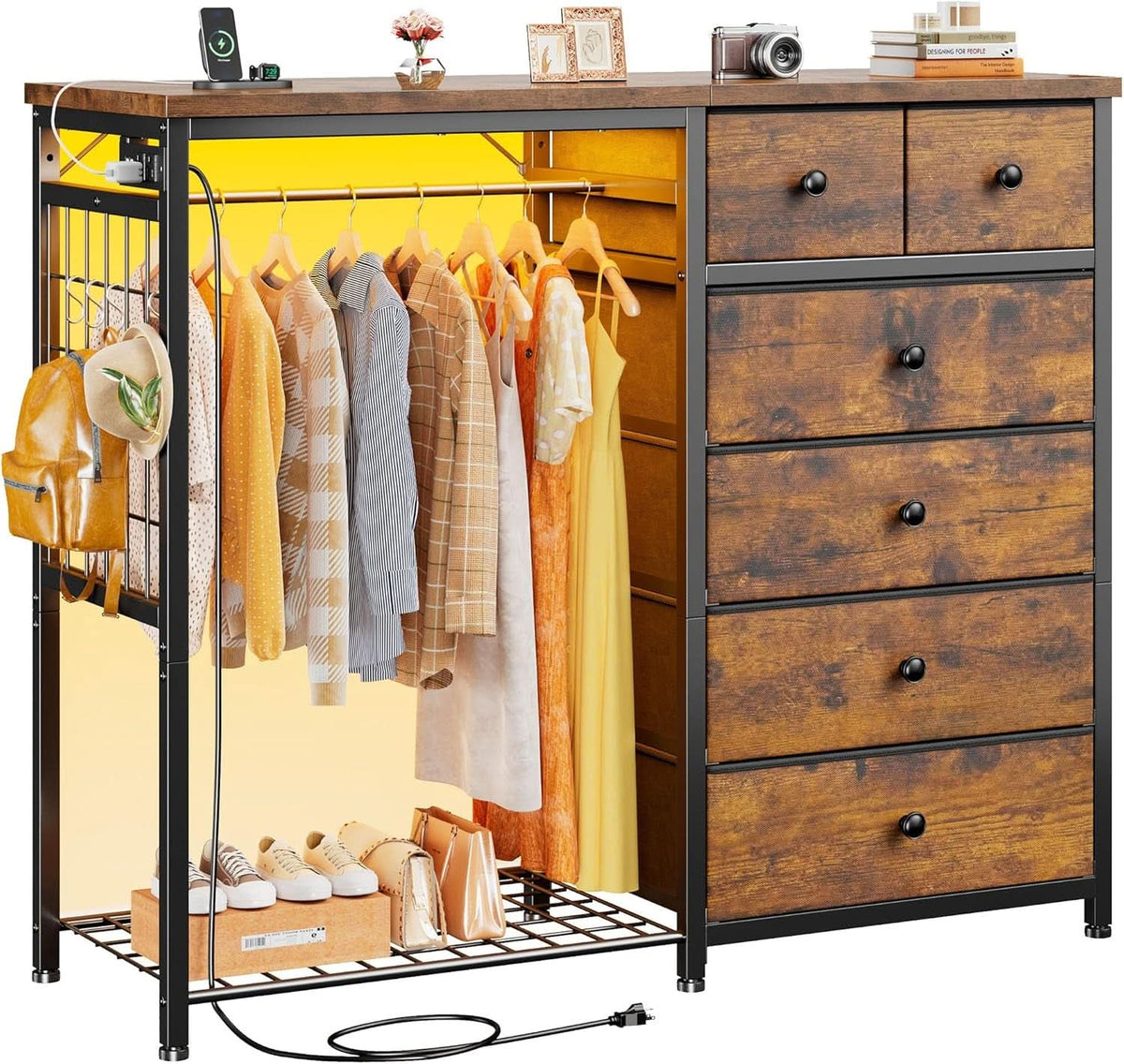 49 Inch Rustic Brown Dresser With Clothes Rack LED Lights