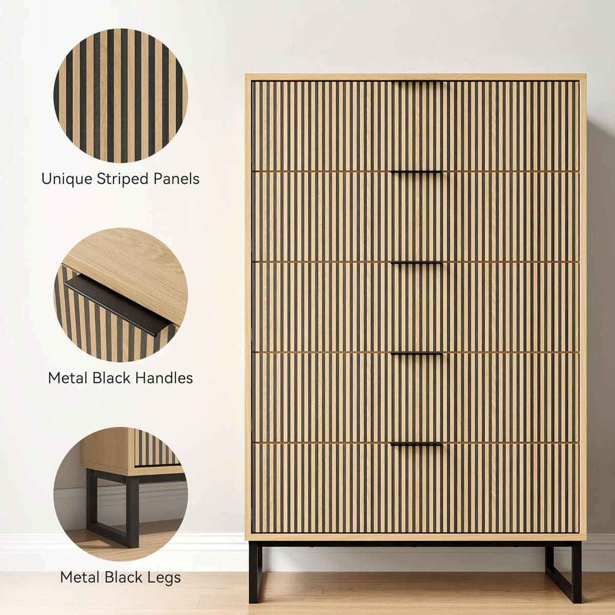 49.2 Inch Tall Five Drawer MatteNaturalFinish Dresser