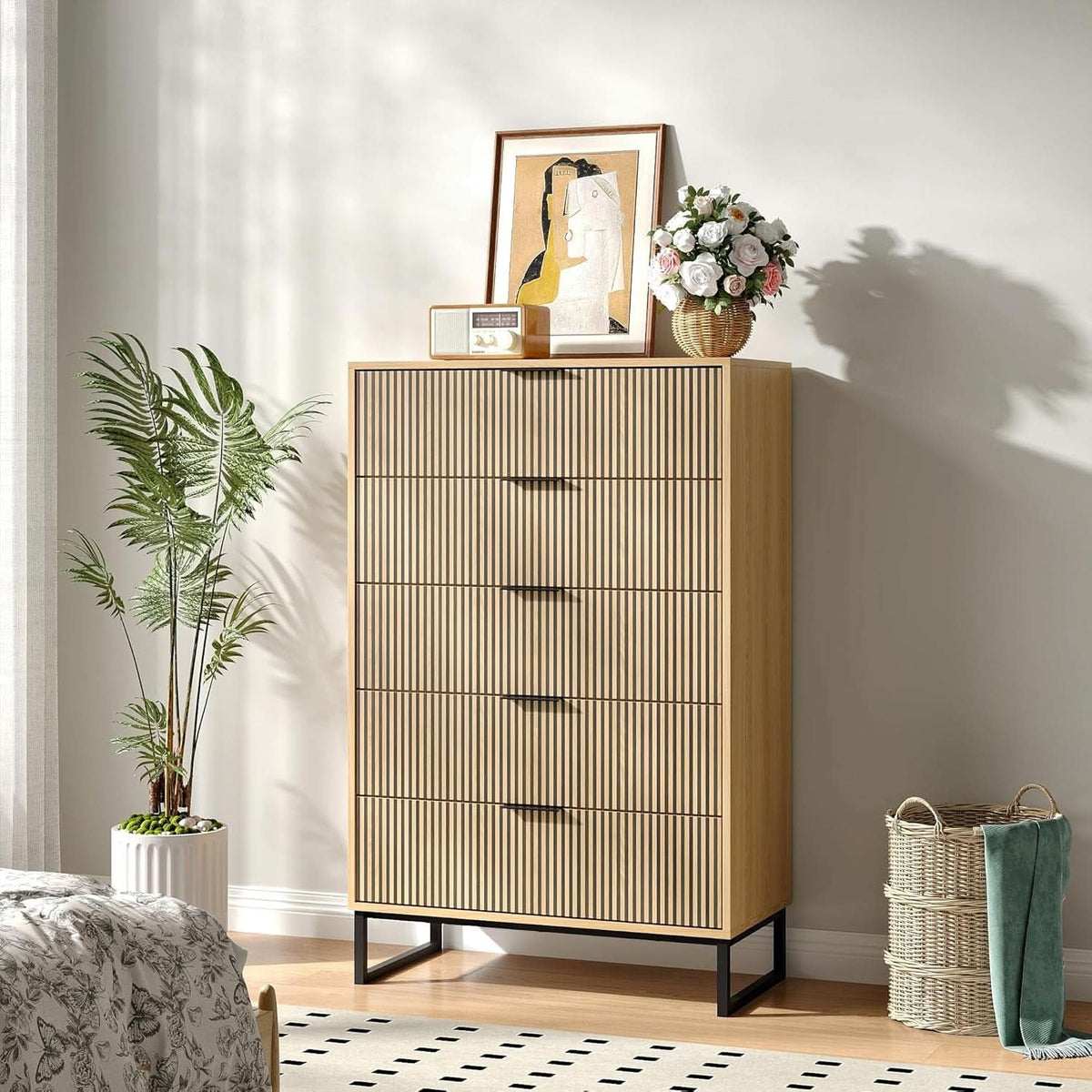 49.2 Inch Tall Five Drawer MatteNaturalFinish Dresser