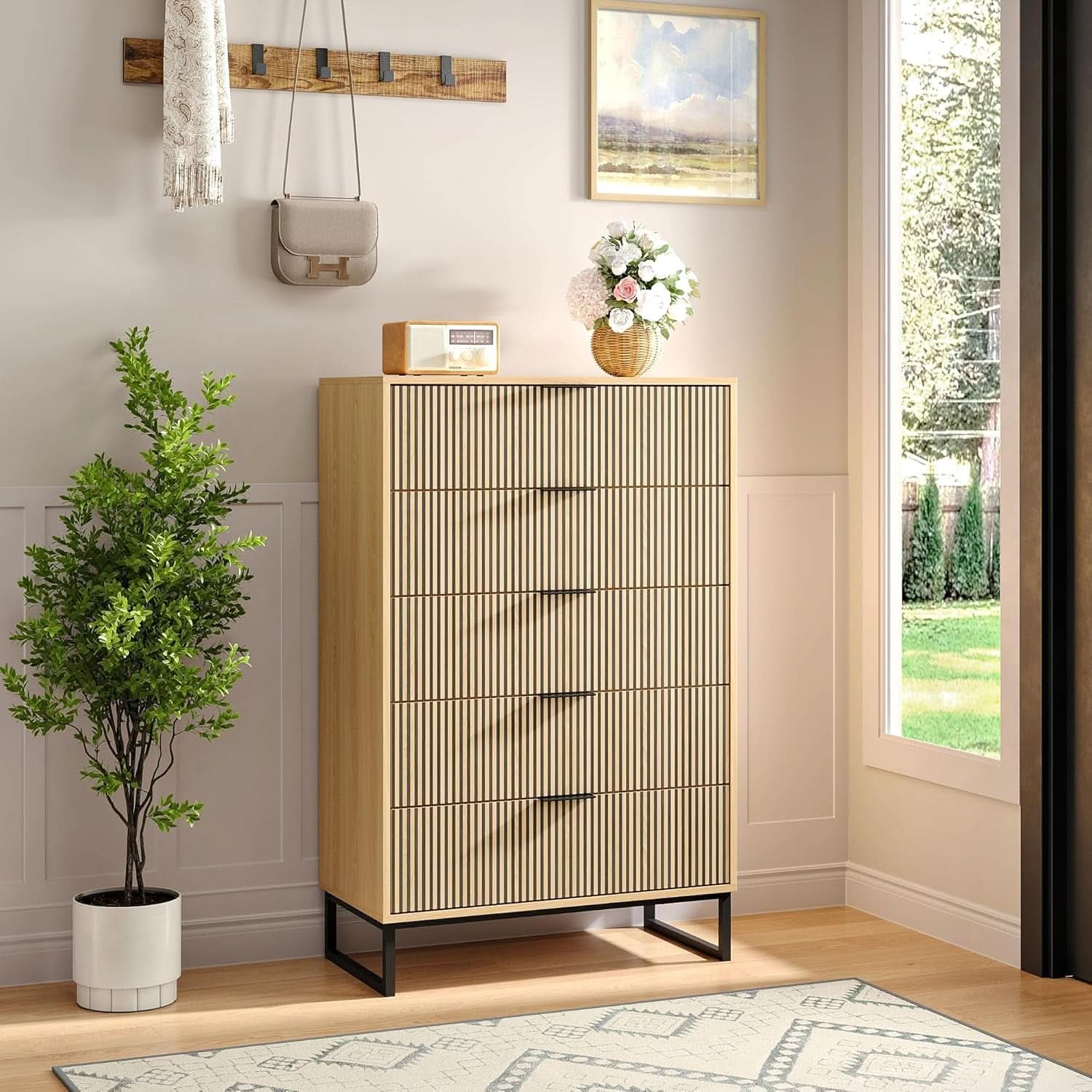 49.2 Inch Tall Five Drawer MatteNaturalFinish Dresser