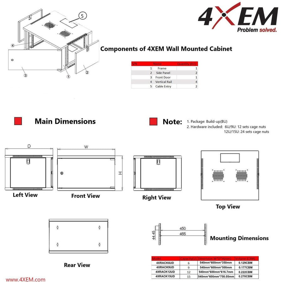 4XEM 15U 24" Deep Wall Mount Server Rack