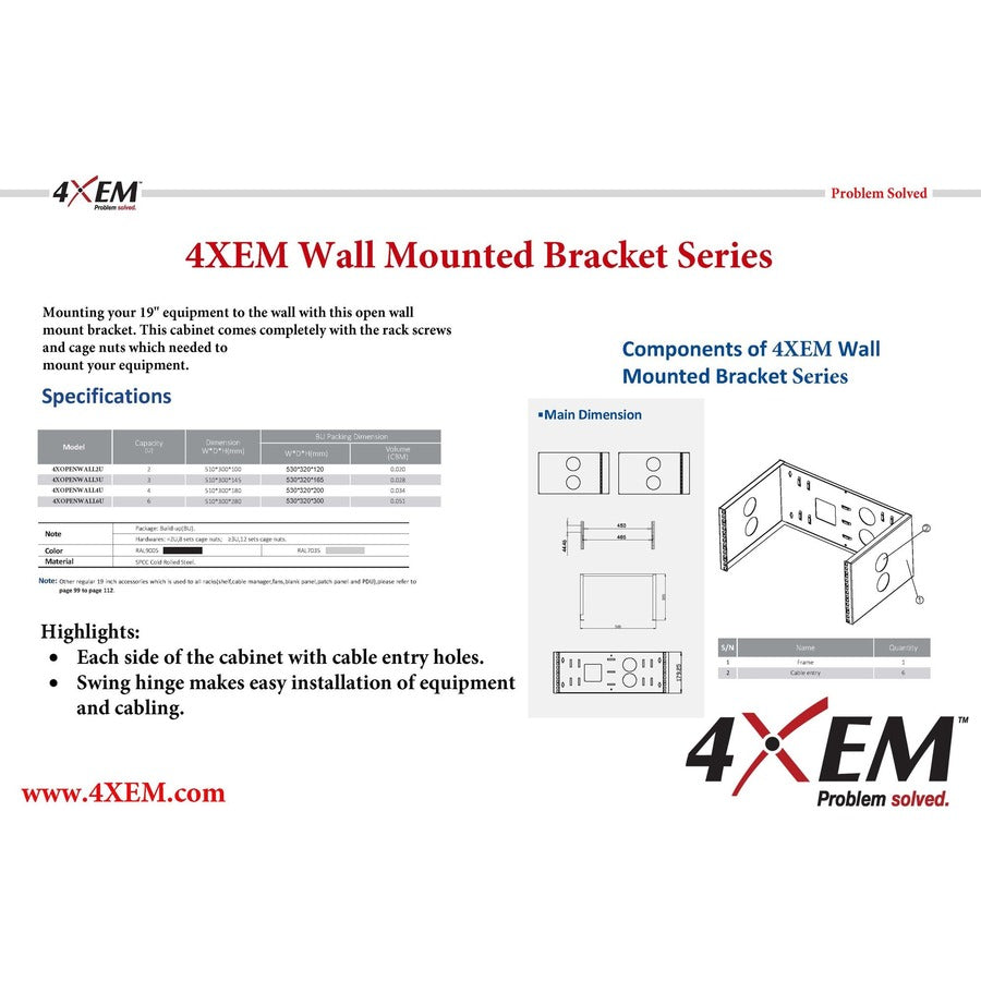 4XEM 4U Wall Mount for Rackmount Equipment, Network Equipment - Black