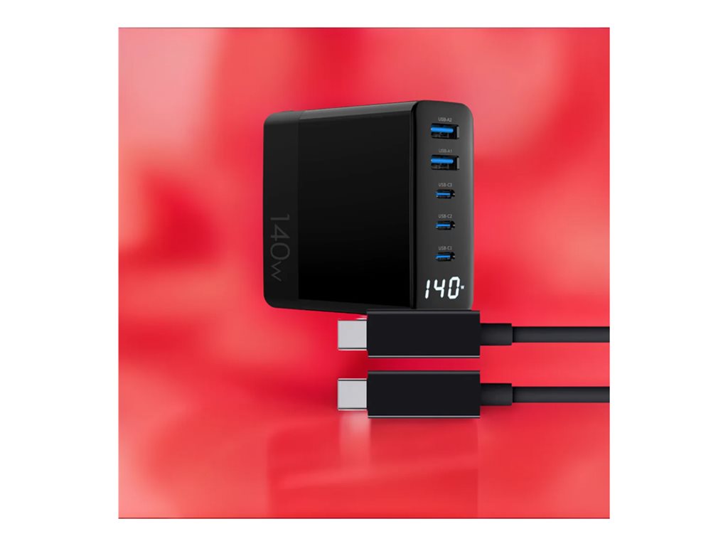 4XEM - Power adapter - GaN - 140 Watt - 5 A - PD 3.0 (3 x USB-C, 2 x 9 pin USB Type A) - on cable: USB-C - black
