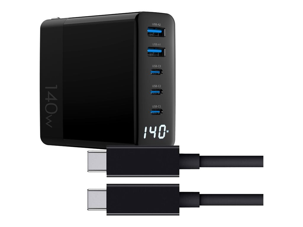 4XEM - Power adapter - GaN - 140 Watt - 5 A - PD 3.0 (3 x USB-C, 2 x 9 pin USB Type A) - on cable: USB-C - black