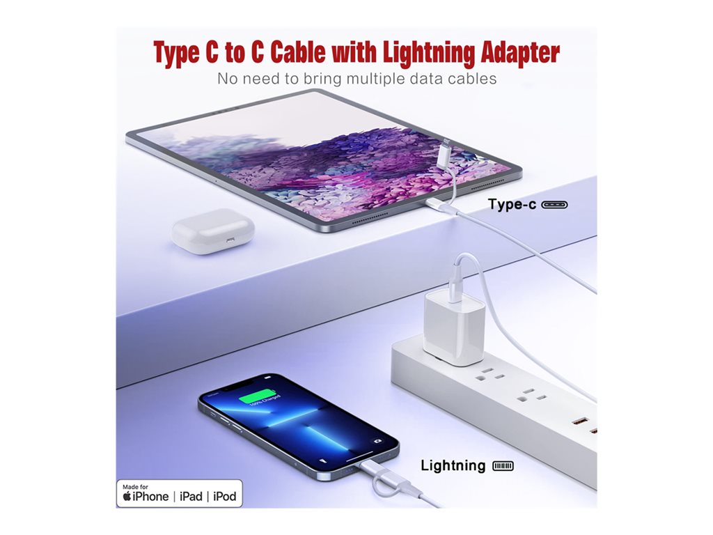 4XEM - USB cable - 24 pin USB-C (M) to 24 pin USB-C, Lightning (M) - USB 2.0 - 20 V - 3 A - 3 ft - USB Power Delivery