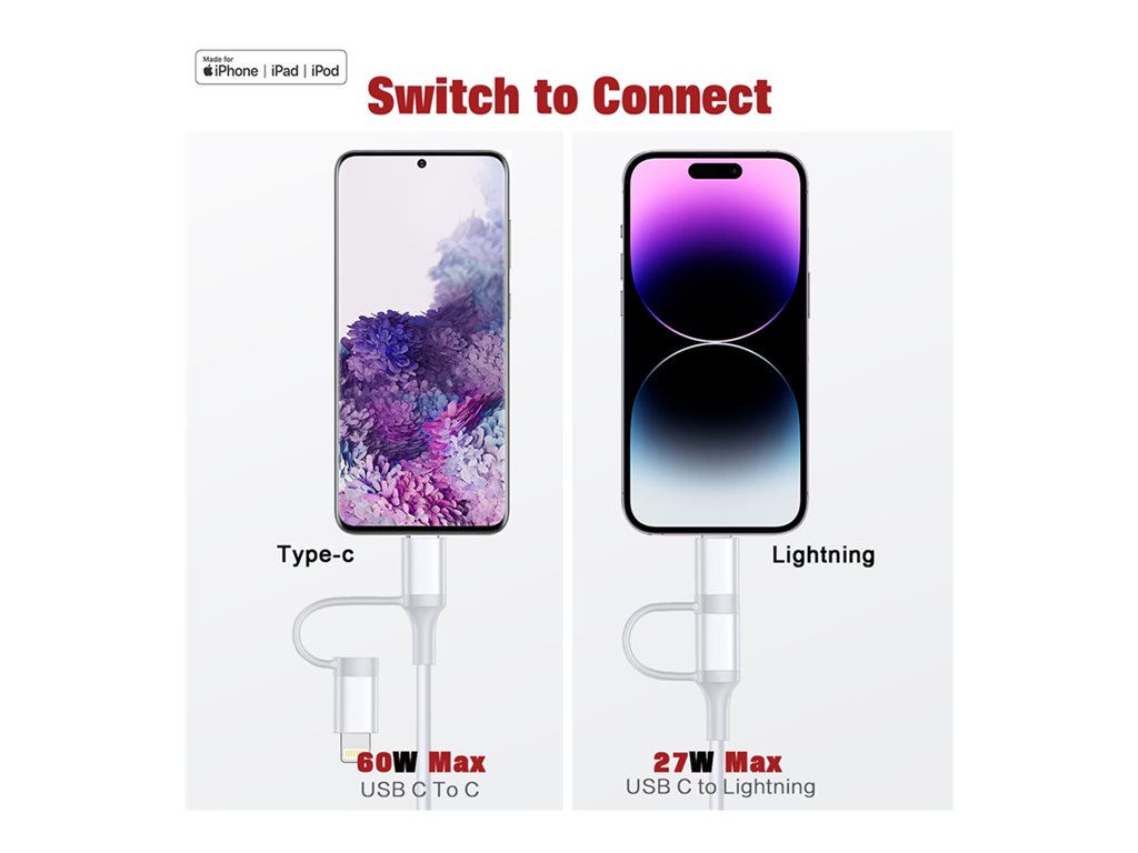 4XEM - USB cable - 24 pin USB-C (M) to 24 pin USB-C, Lightning (M) - USB 2.0 - 20 V - 3 A - 3 ft - USB Power Delivery