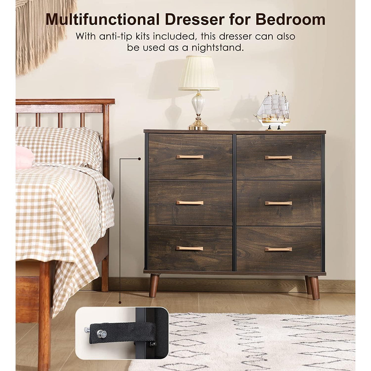 5 Drawer Dresser For Bedroom With Wood Top Storage