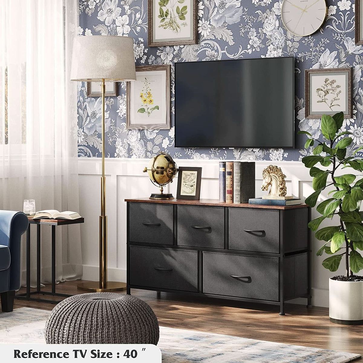 5 Drawer Fabric Dresser With Bins And Wood Top For Bedroom