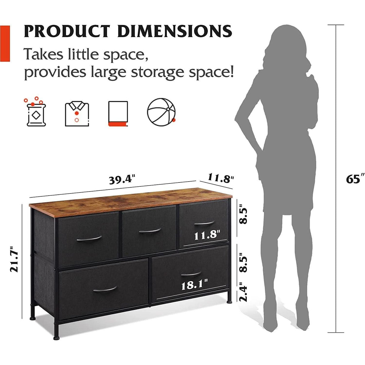 5 Drawer Fabric Dresser With Bins And Wood Top For Bedroom