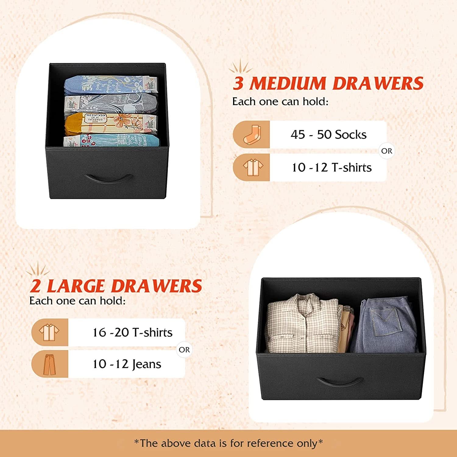 5 Drawer Fabric Dresser With Bins And Wood Top For Bedroom