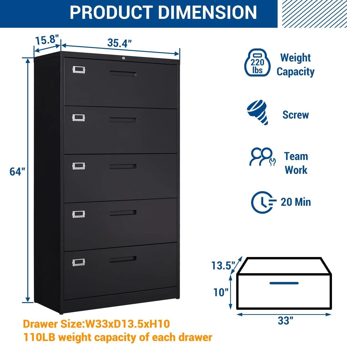 5 Drawer Lateral File Cabinet Lockable Metal Office Storage