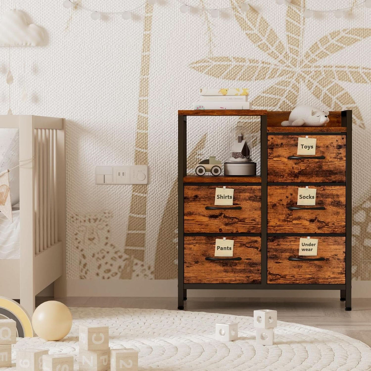 5 Drawer Rustic Brown Dresser With Metal Frame For Bedroom