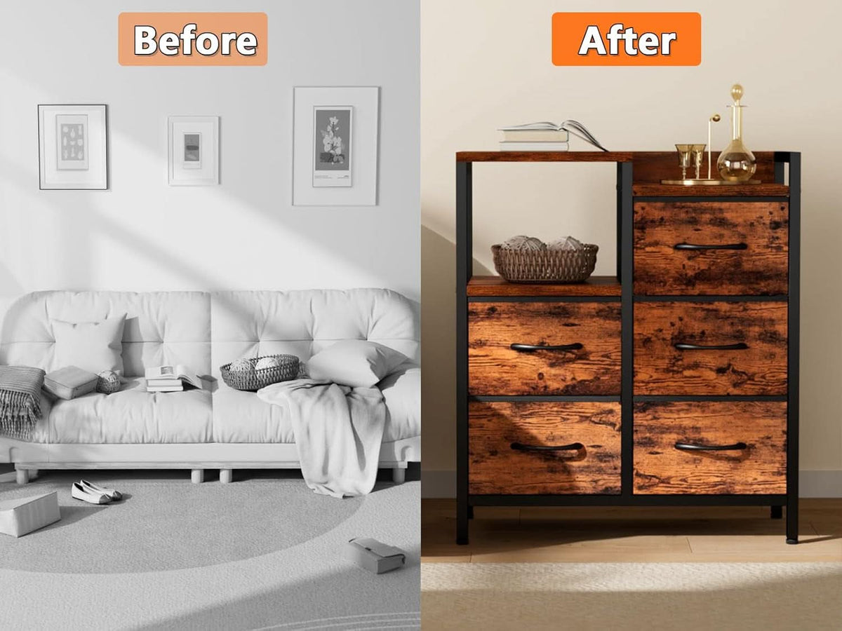 5 Drawer Rustic Brown Dresser With Metal Frame For Bedroom