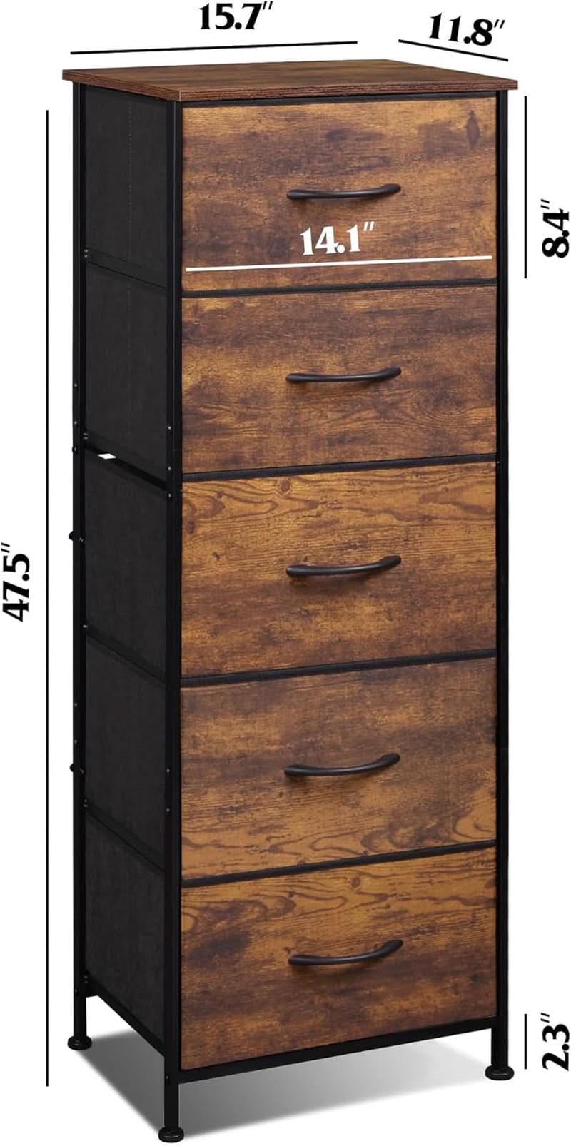 5 Drawer Tall Fabric Dresser With Wood Top And Fabric Bins