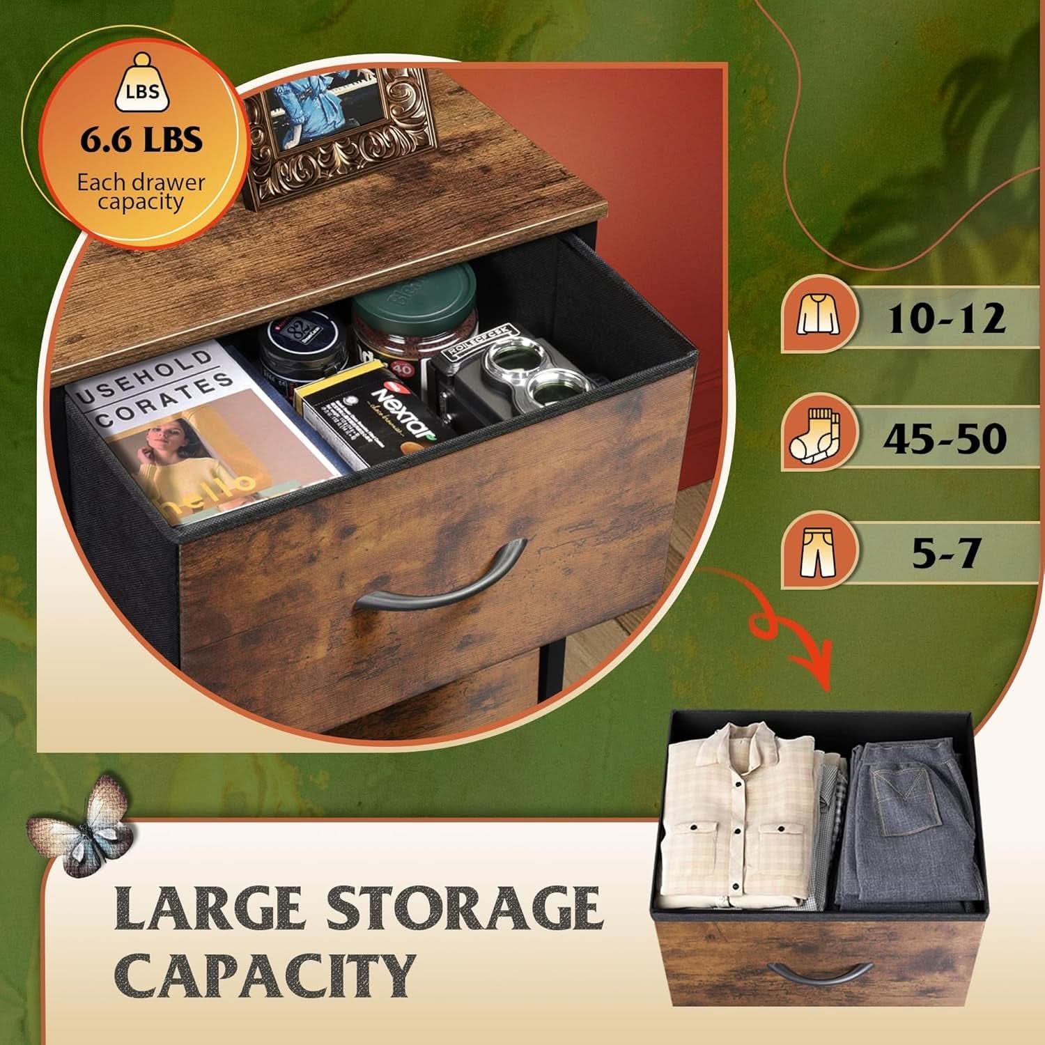 5 Drawer Tall Fabric Dresser With Wood Top And Fabric Bins