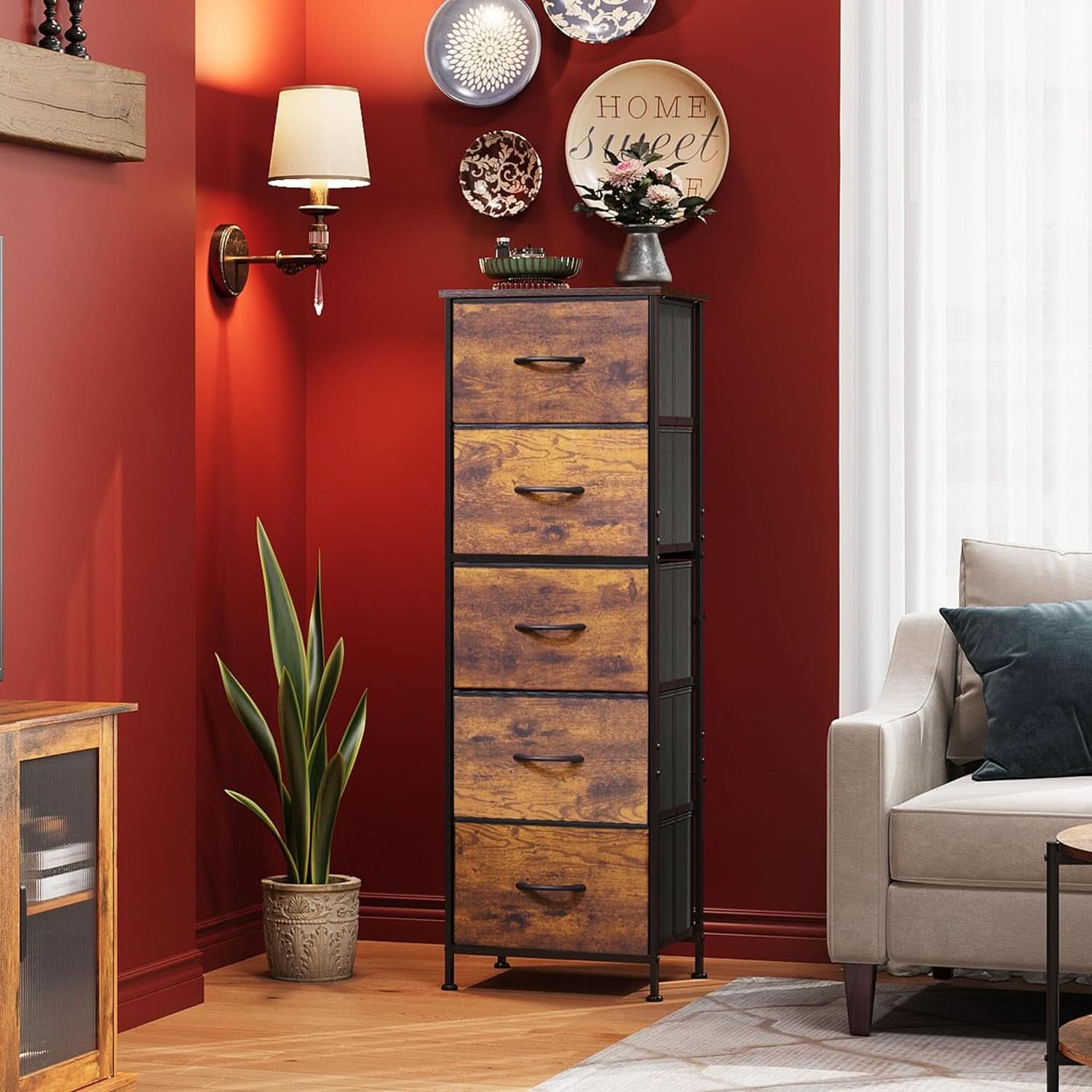 5 Drawer Tall Fabric Dresser With Wood Top And Fabric Bins