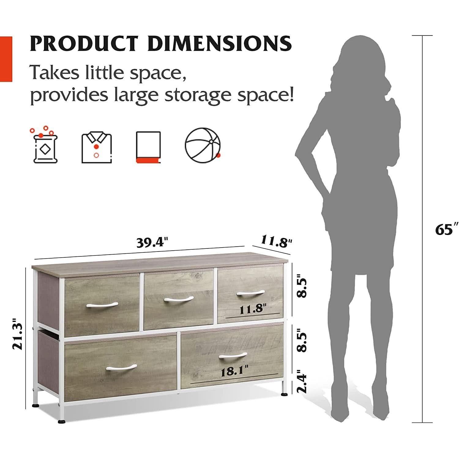 5 Drawer Wide Fabric Dresser Organizer With Wood Top