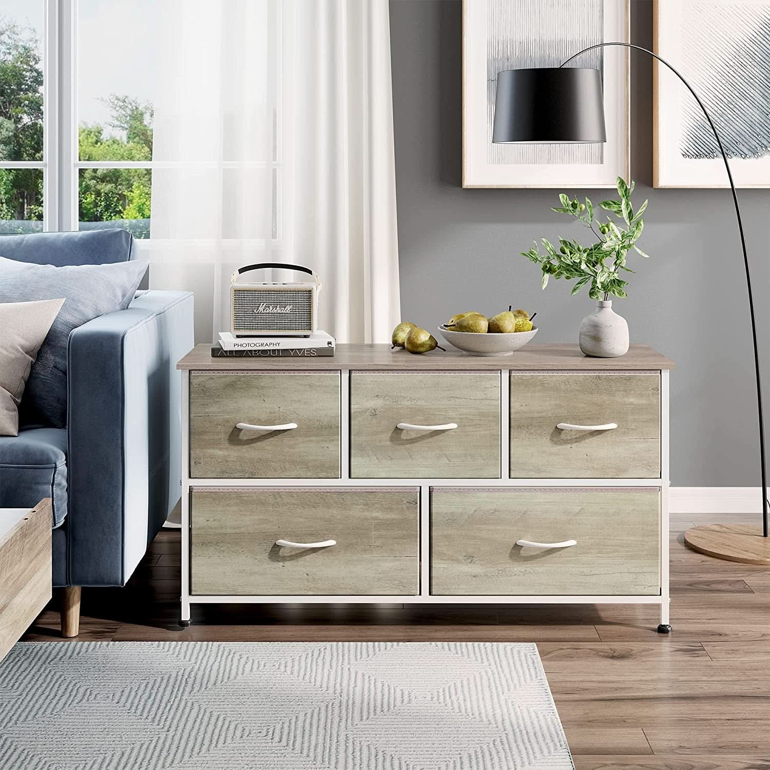 5 Drawer Wide Fabric Dresser Organizer With Wood Top