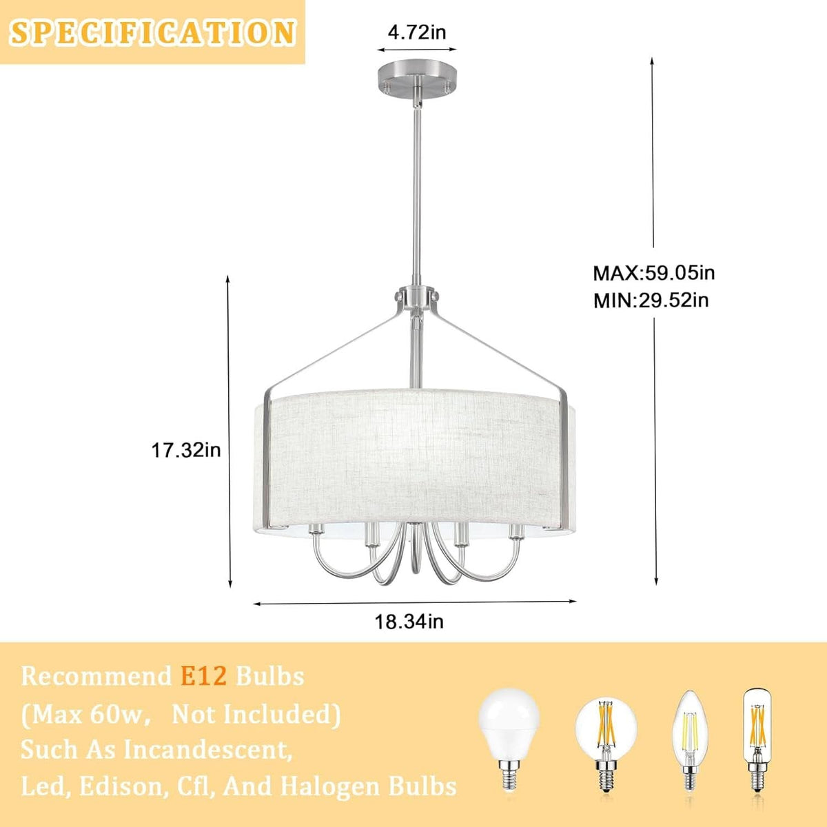 5 Light Drum Chandelier 18 Inch Brushed Nickel Fixture