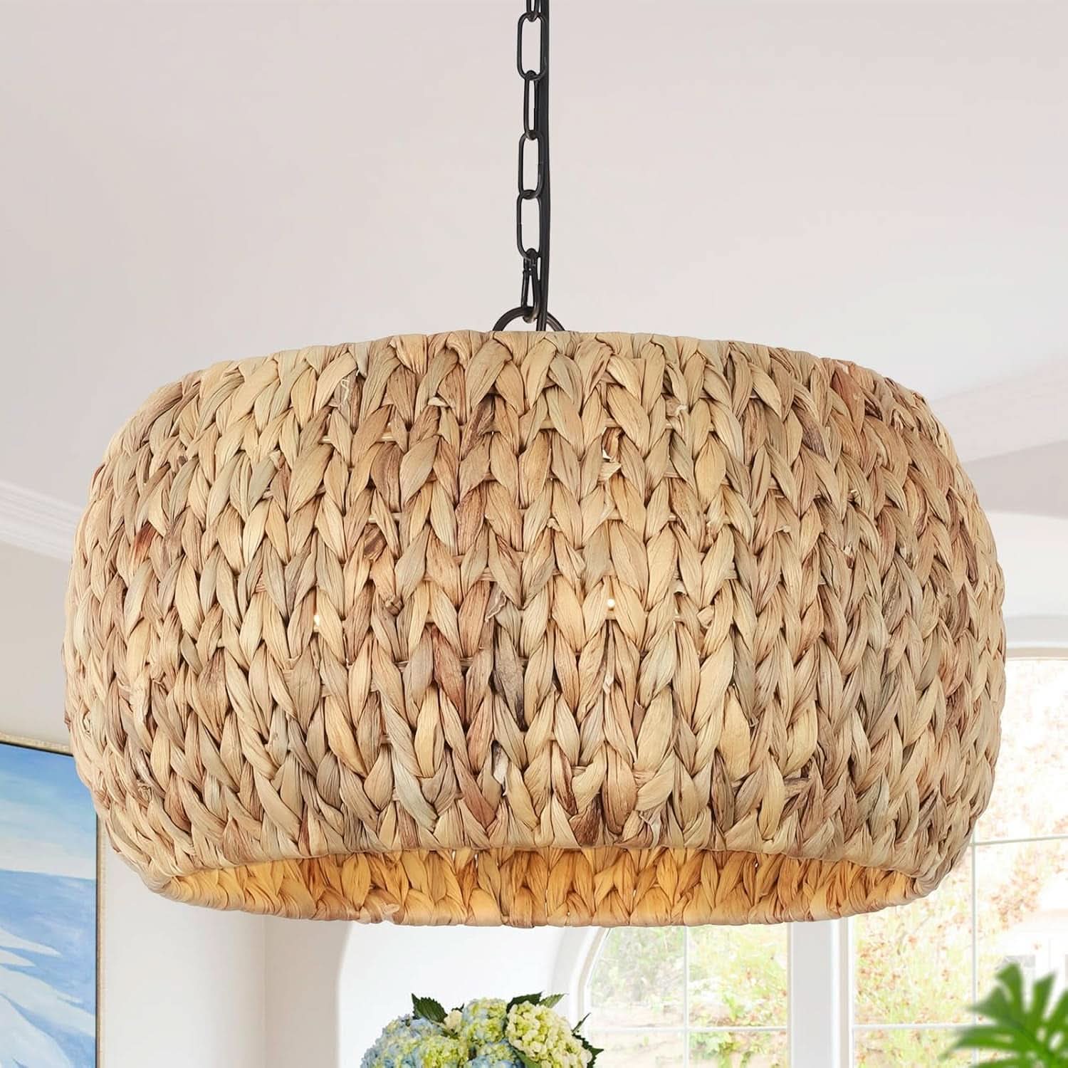 5 Light Farmhouse Rattan Chandelier Natural Water Hyacinth Shade