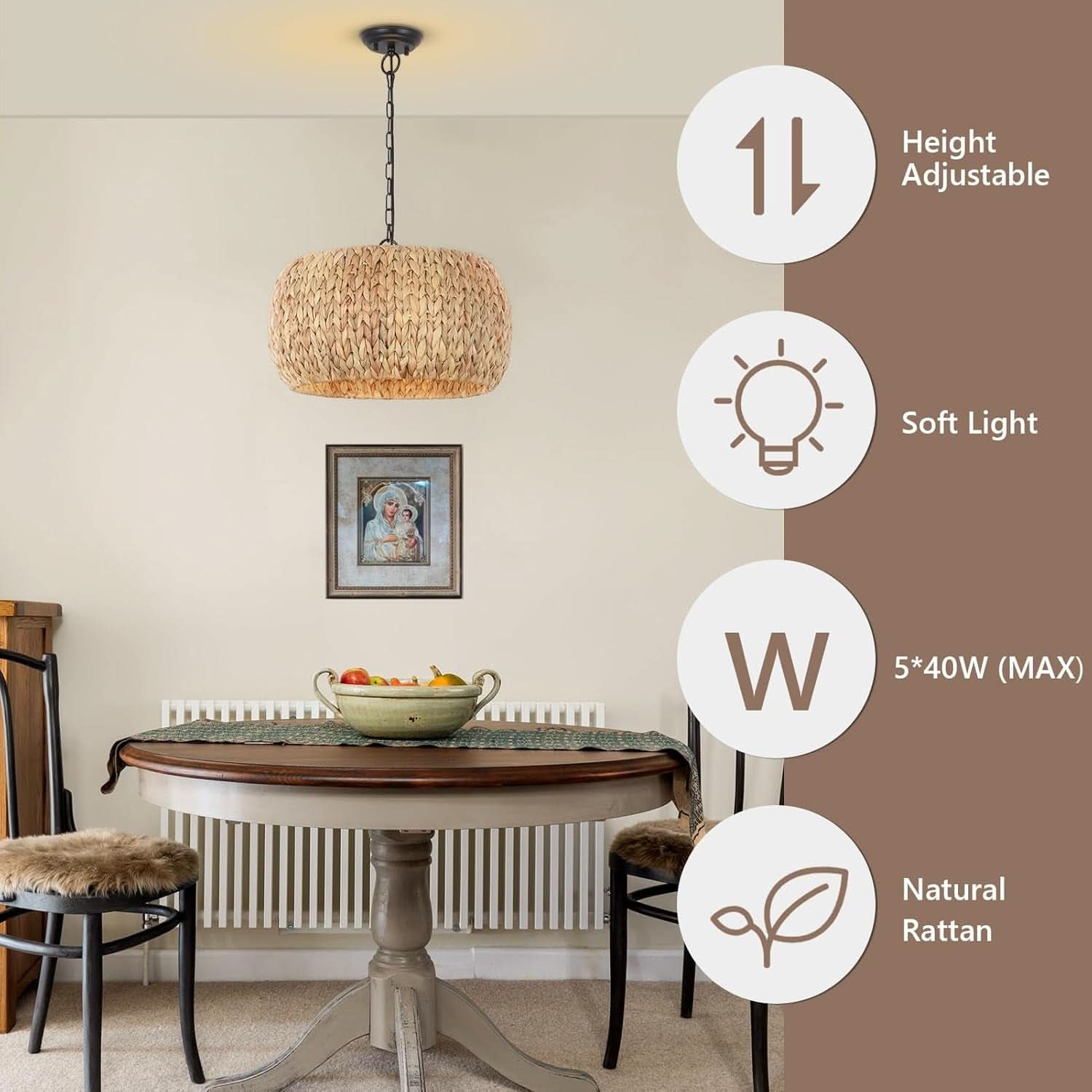 5 Light Farmhouse Rattan Chandelier Natural Water Hyacinth Shade