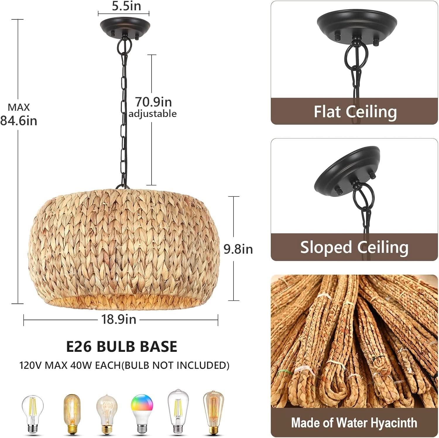 5 Light Farmhouse Rattan Chandelier Natural Water Hyacinth Shade