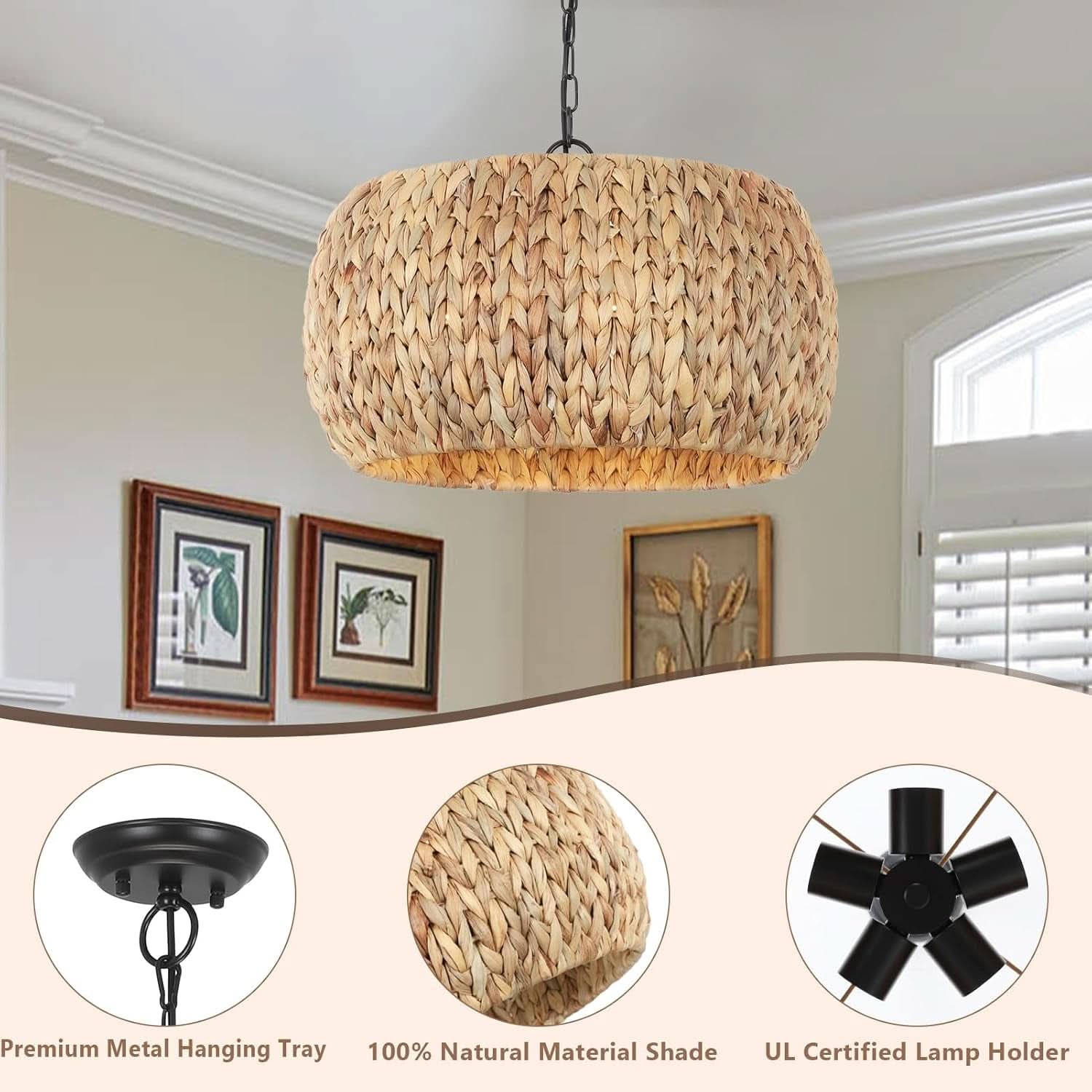 5 Light Farmhouse Rattan Chandelier Natural Water Hyacinth Shade