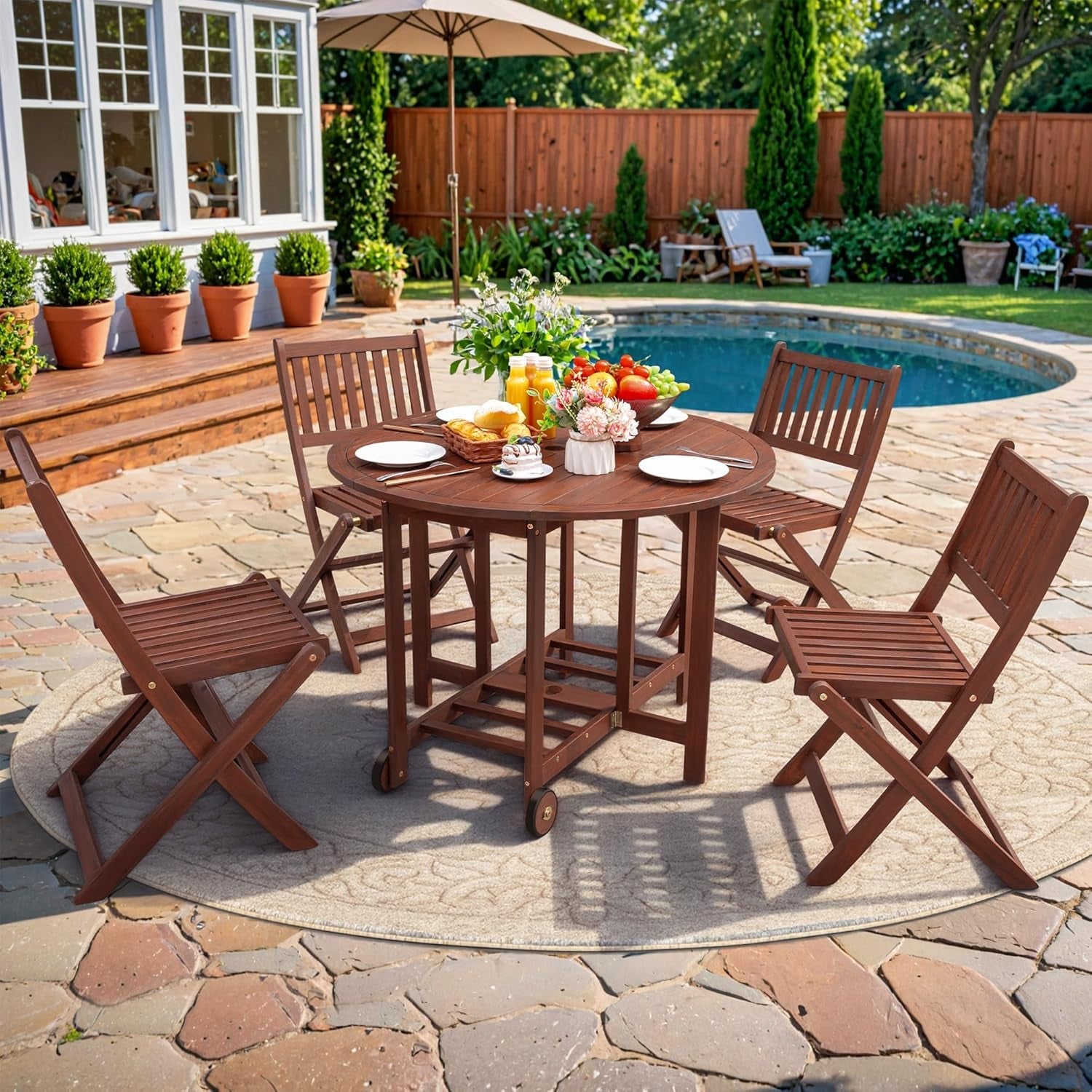 5 Patio Dining Set Acacia Wood Dark Brown Folding Table