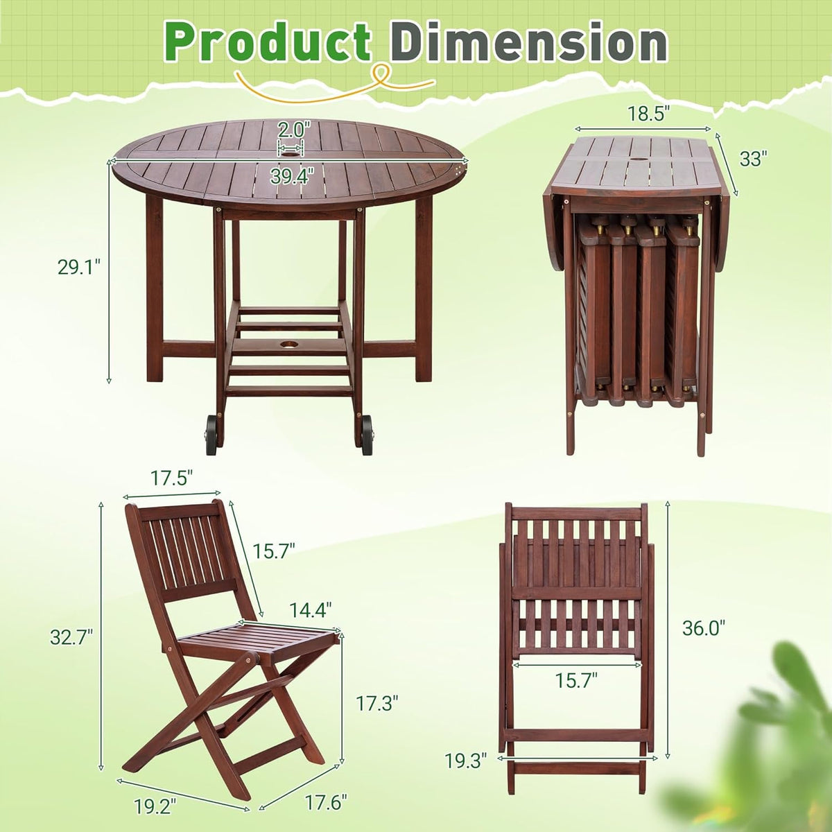 5 Patio Dining Set Acacia Wood Dark Brown Folding Table