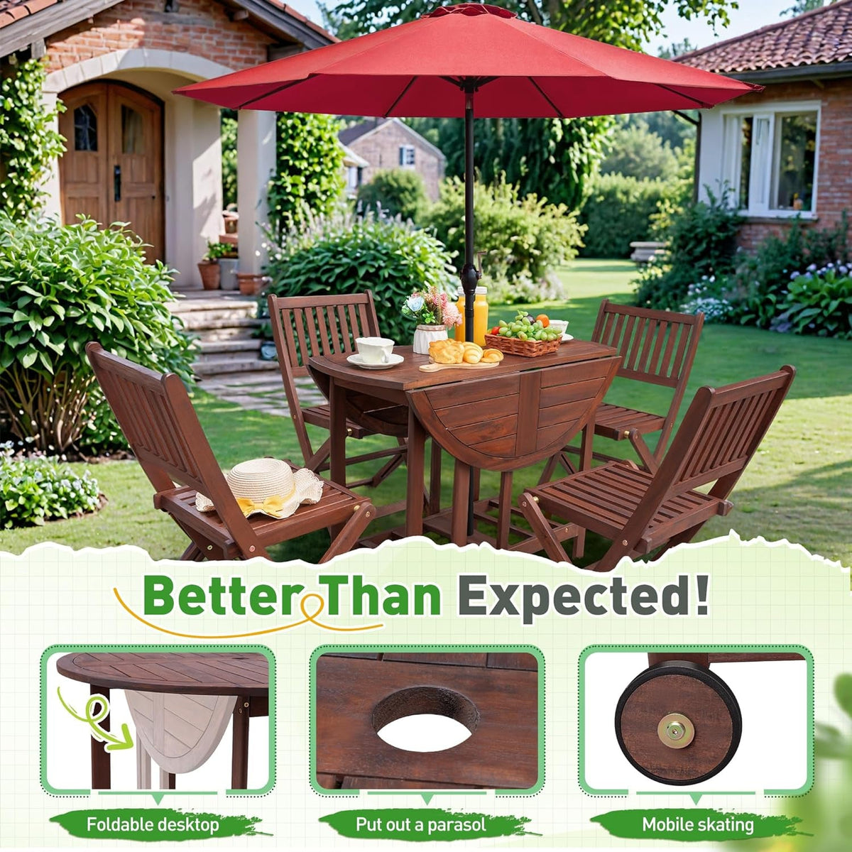 5 Patio Dining Set Acacia Wood Dark Brown Folding Table