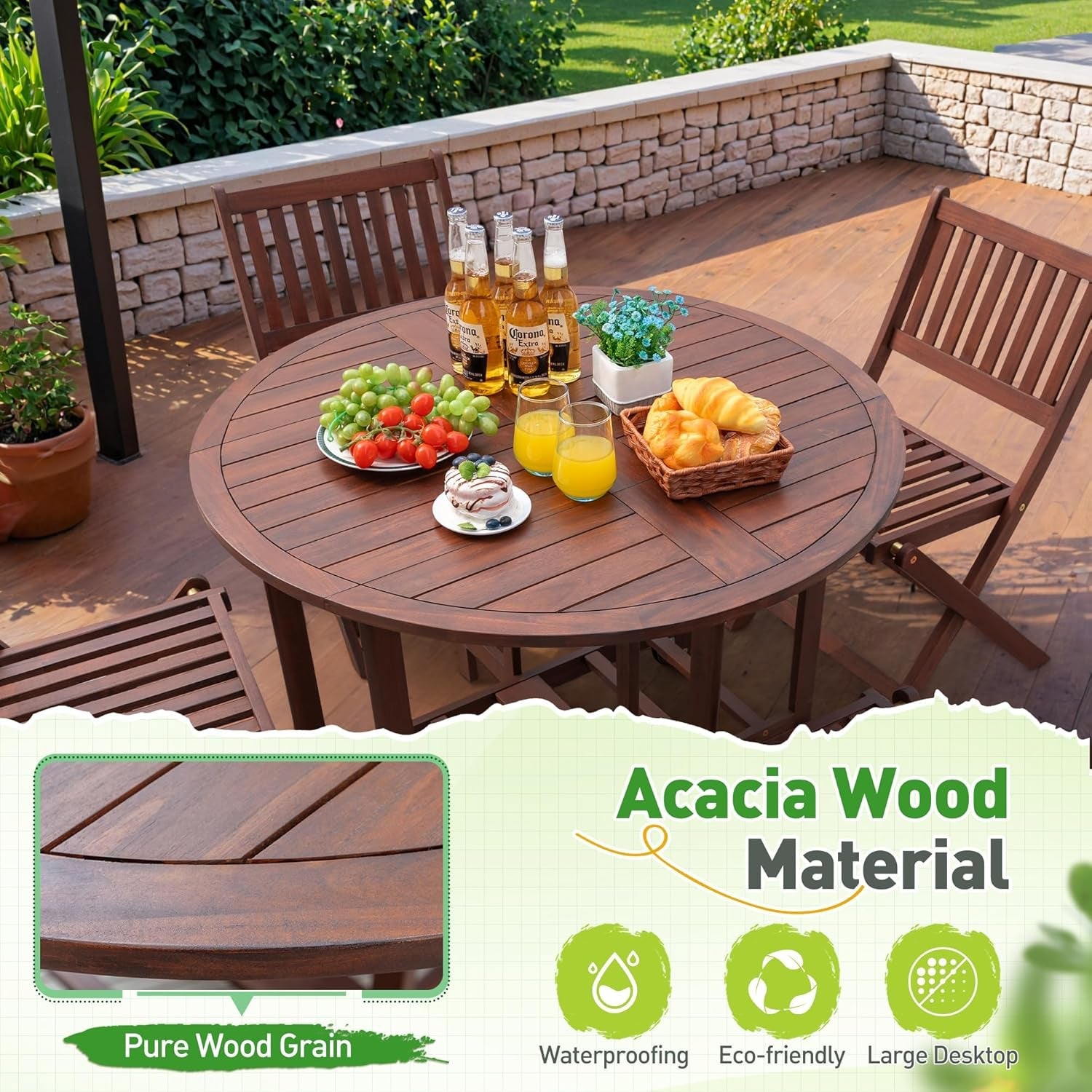5 Patio Dining Set Acacia Wood Dark Brown Folding Table