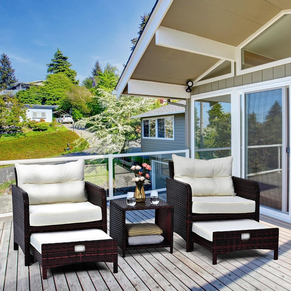 5 Piece Beige Rattan Patio Furniture Set With Ottomans And Coffee Table