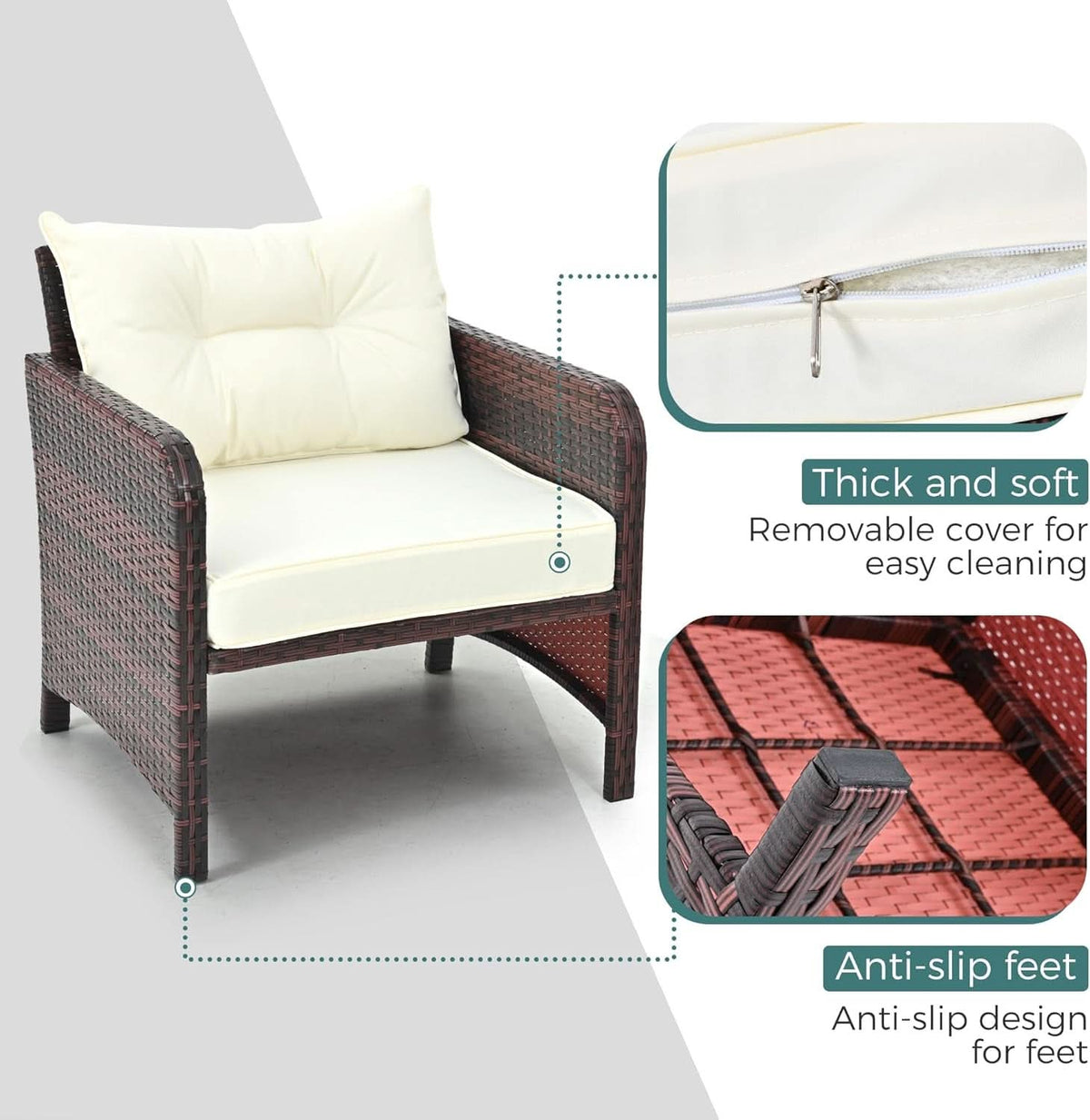 5 Piece Beige Rattan Patio Furniture Set With Ottomans And Coffee Table