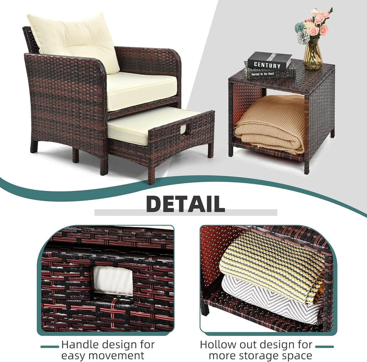 5 Piece Beige Rattan Patio Furniture Set With Ottomans And Coffee Table