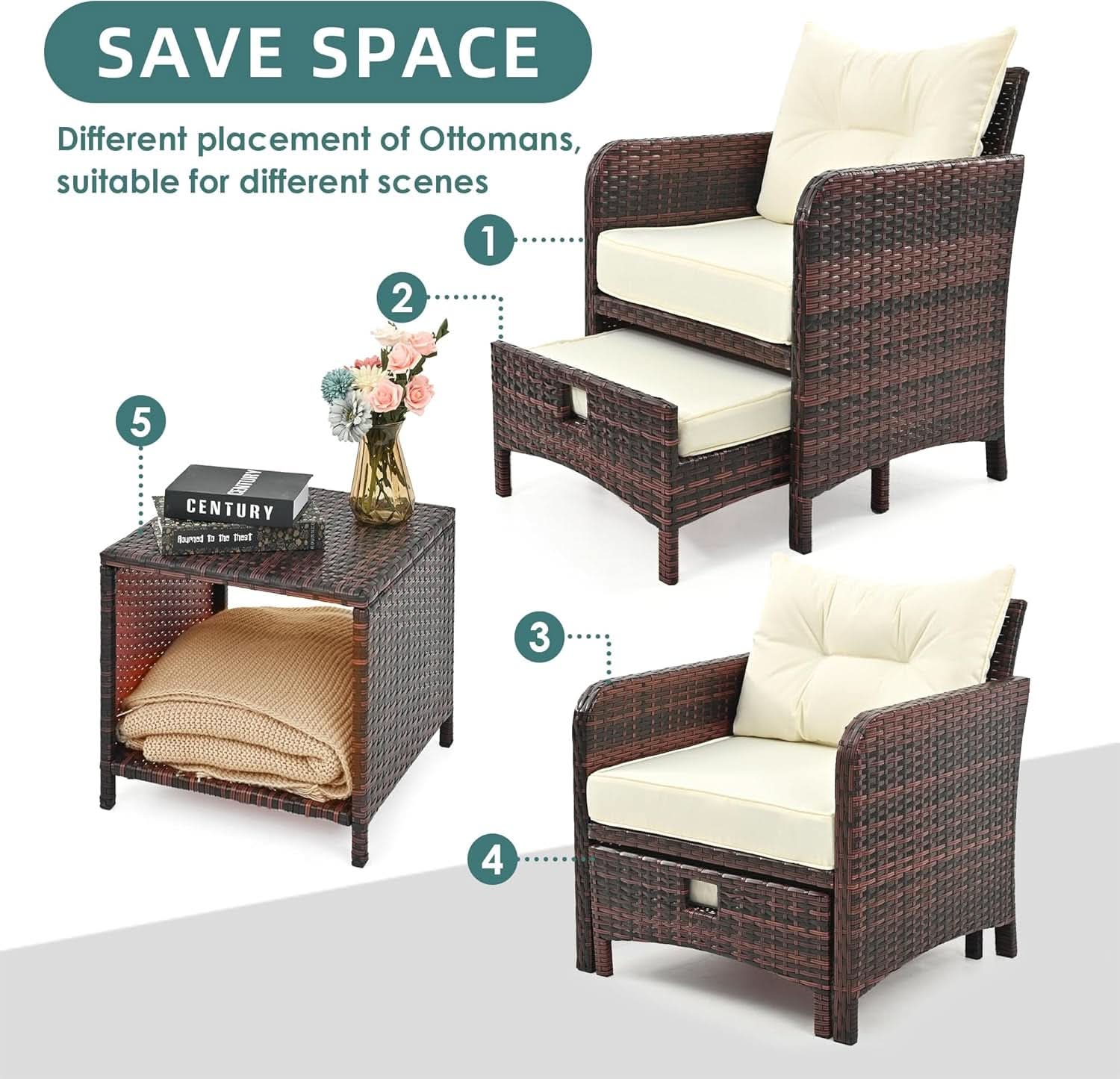 5 Piece Beige Rattan Patio Furniture Set With Ottomans And Coffee Table