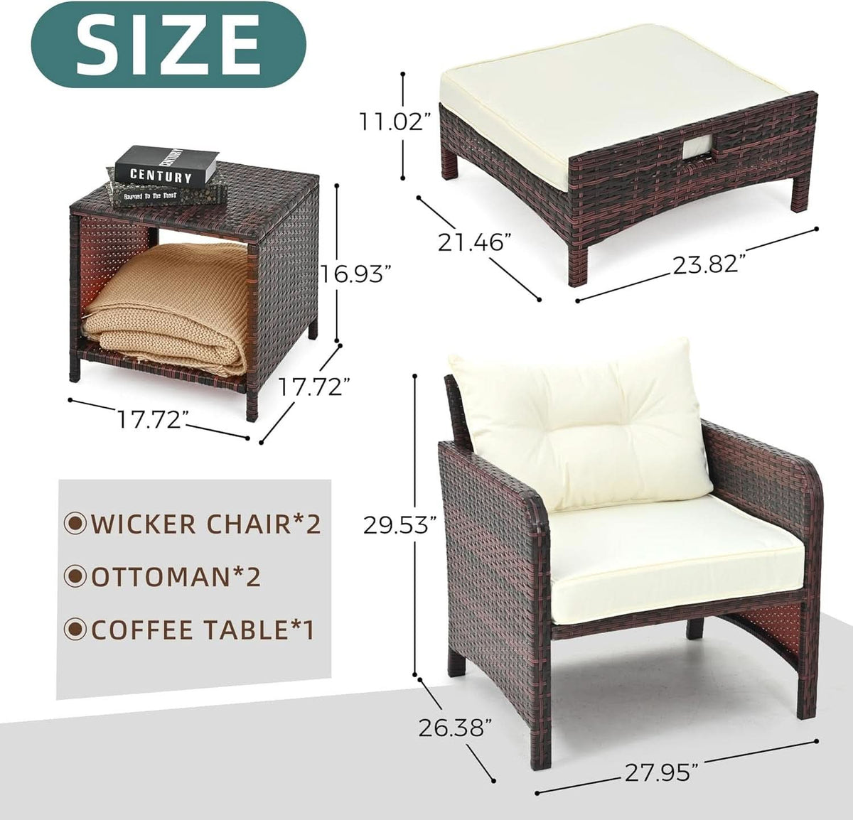 5 Piece Beige Rattan Patio Furniture Set With Ottomans And Coffee Table