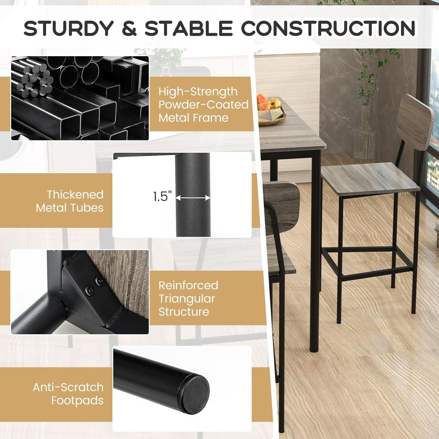 5 Piece Counter Height Dining Table Set Black Oak Stools