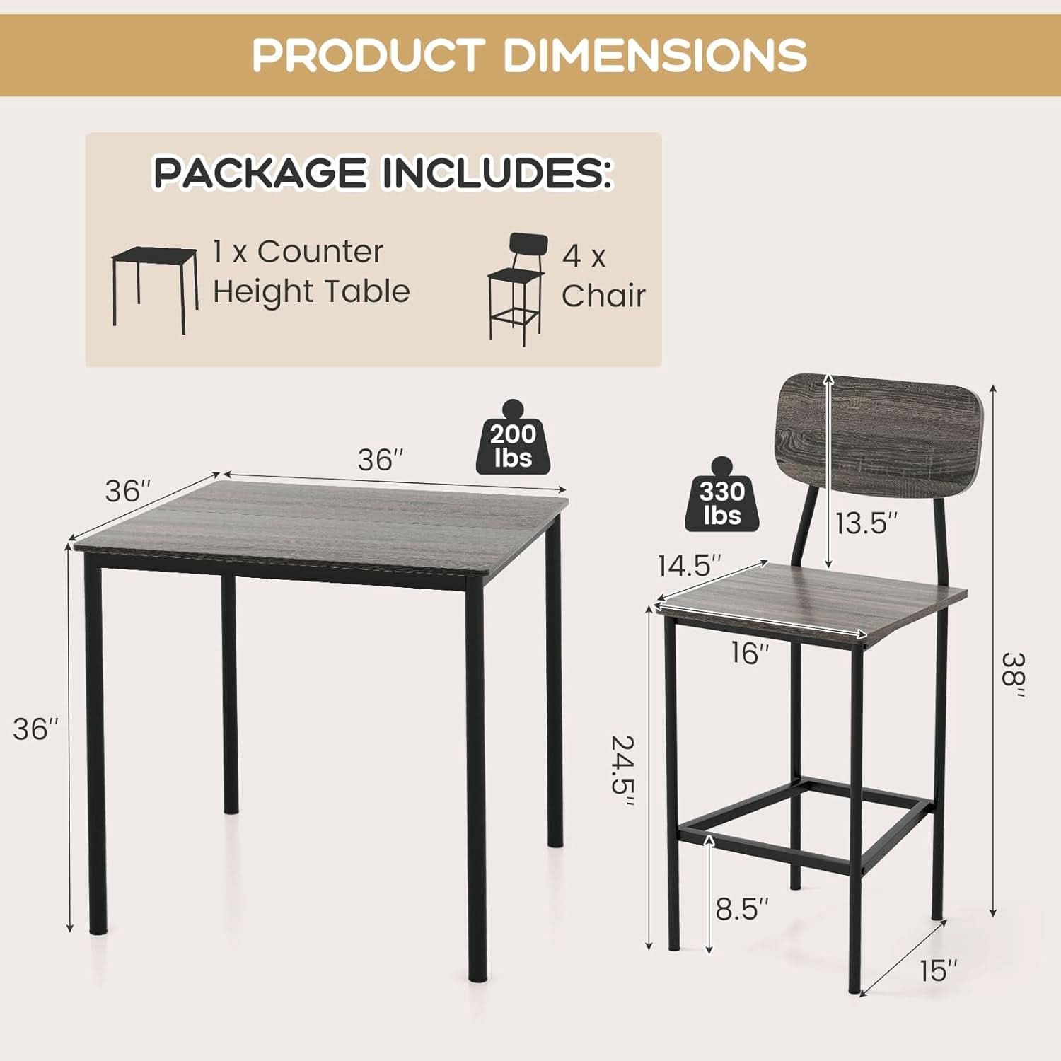 5 Piece Counter Height Dining Table Set Black Oak Stools