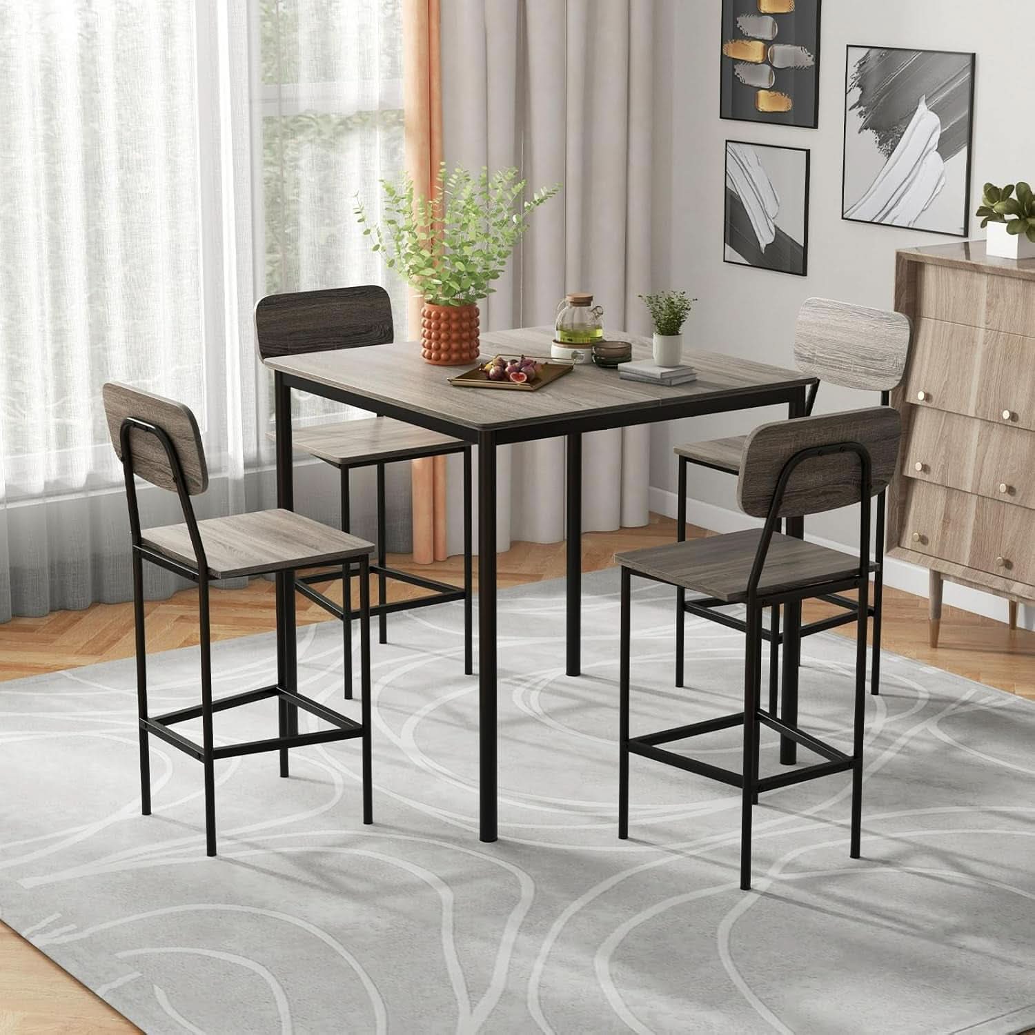 5 Piece Counter Height Dining Table Set Black Oak Stools
