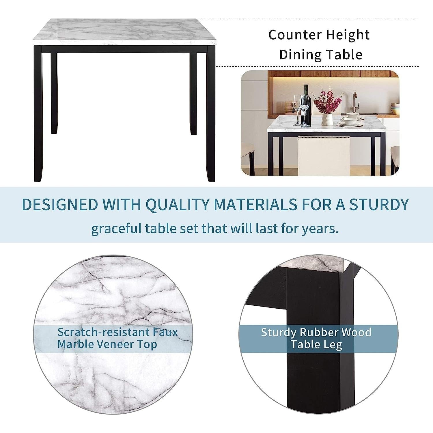 5-Piece Counter Height Dining Table Set Faux Marble Top