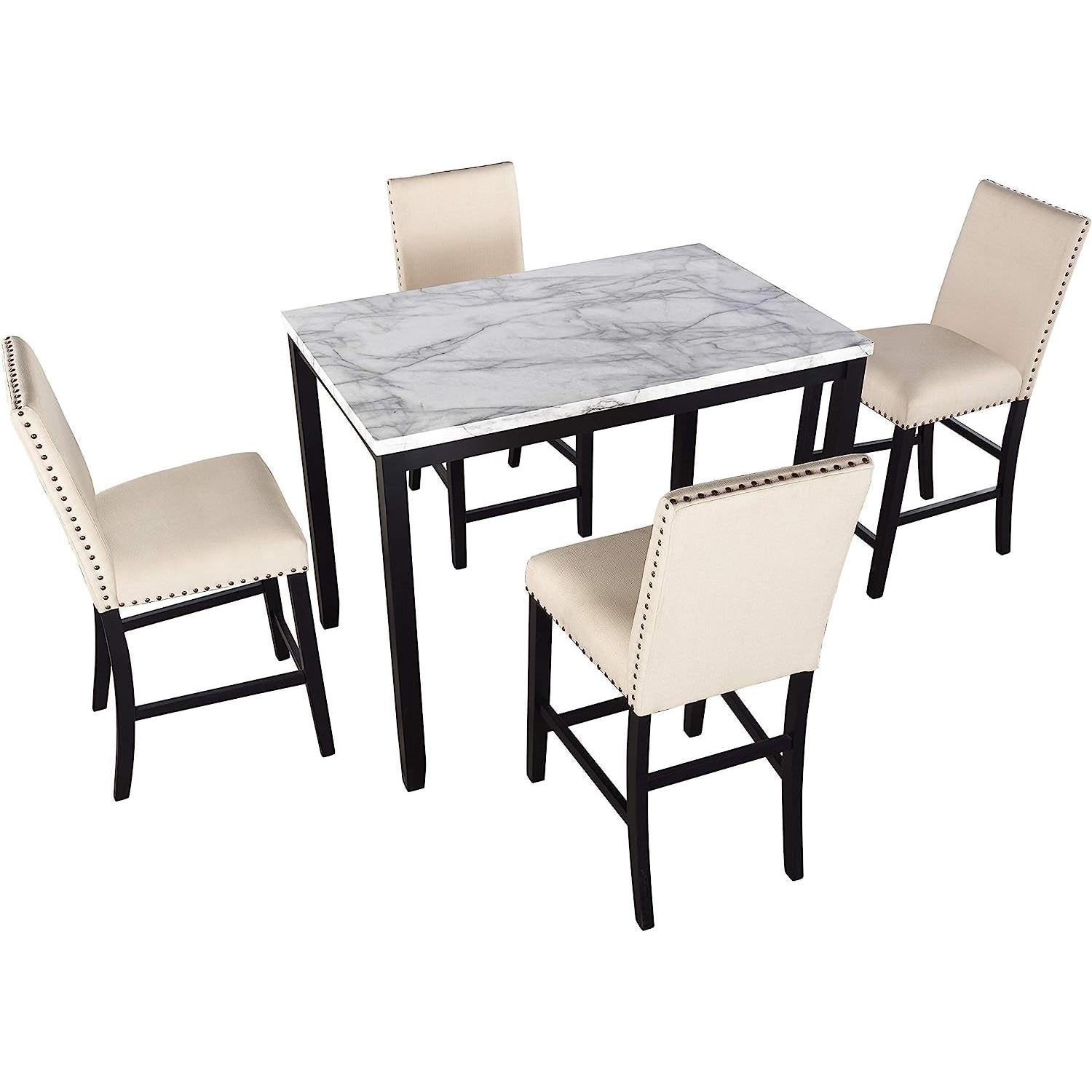 5-Piece Counter Height Dining Table Set Faux Marble Top
