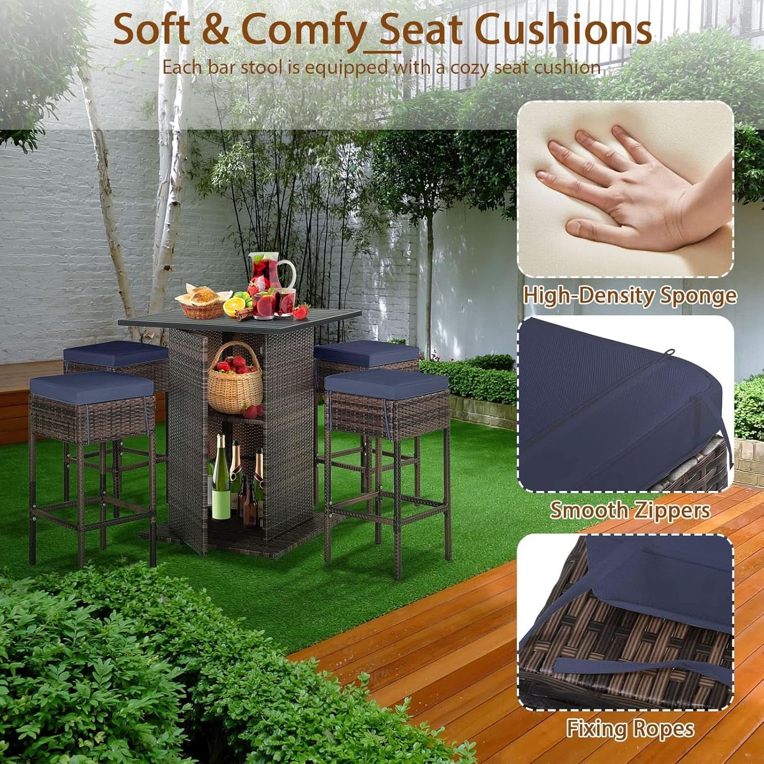 5 Piece Outdoor Bar Set Navy Blue Bar Height Table Storage