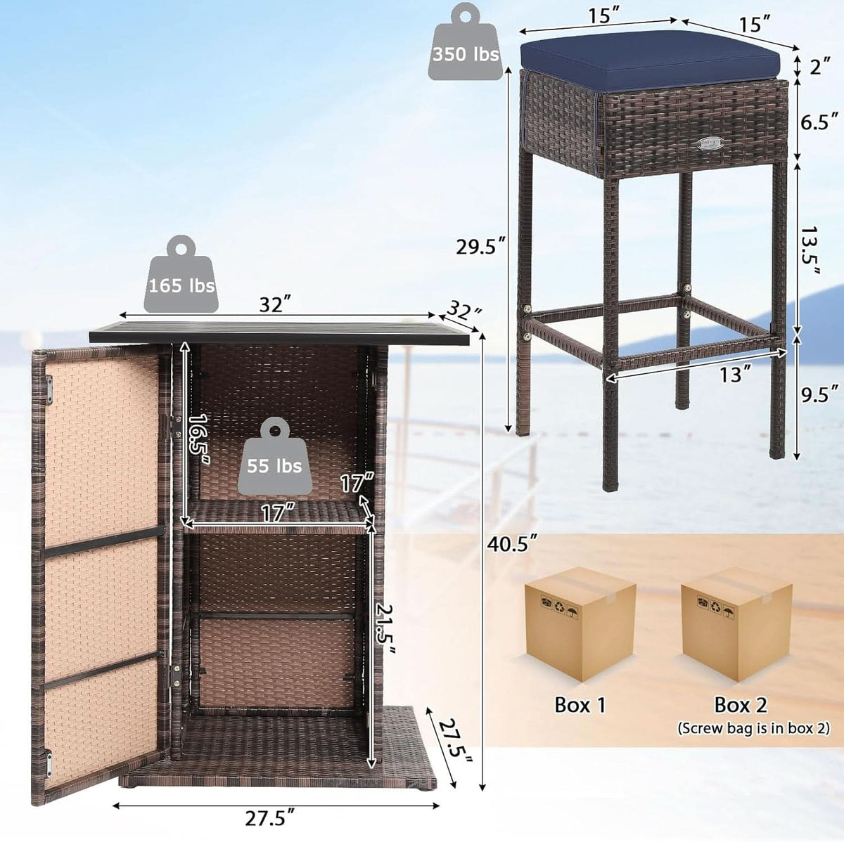 5 Piece Outdoor Bar Set Navy Blue Bar Height Table Storage