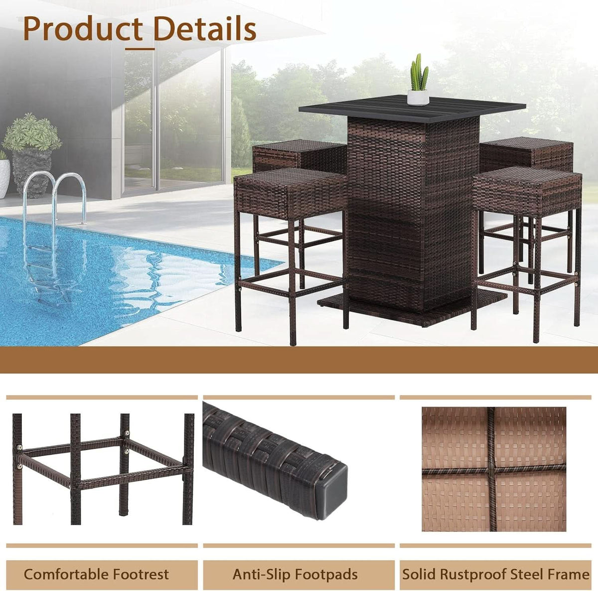 5 Piece Outdoor Bar Set Navy Blue Bar Height Table Storage